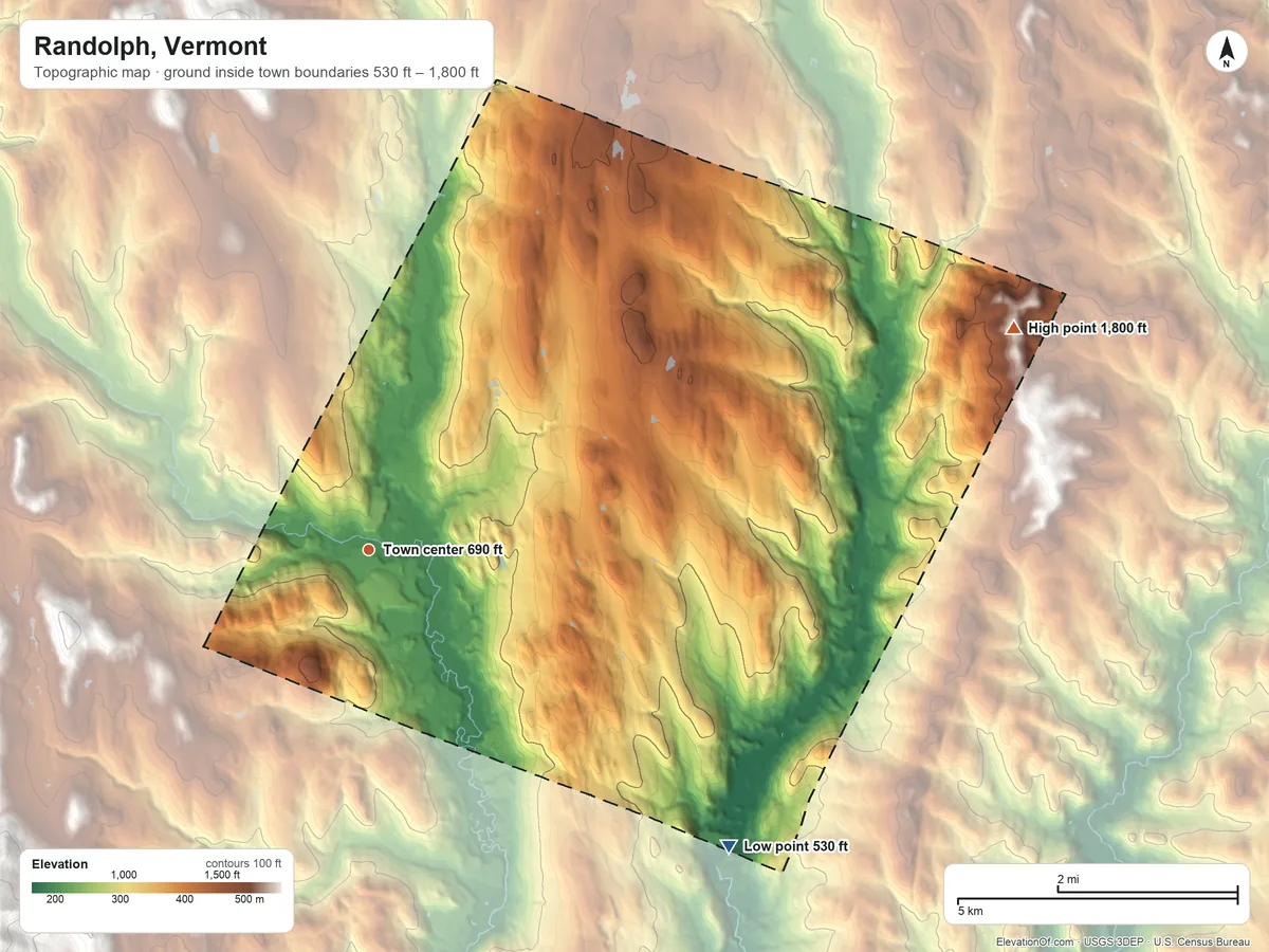 Topographic elevation map of Randolph, Vermont, shaded from 530 ft on the southeast side to 1,800 ft on the east side