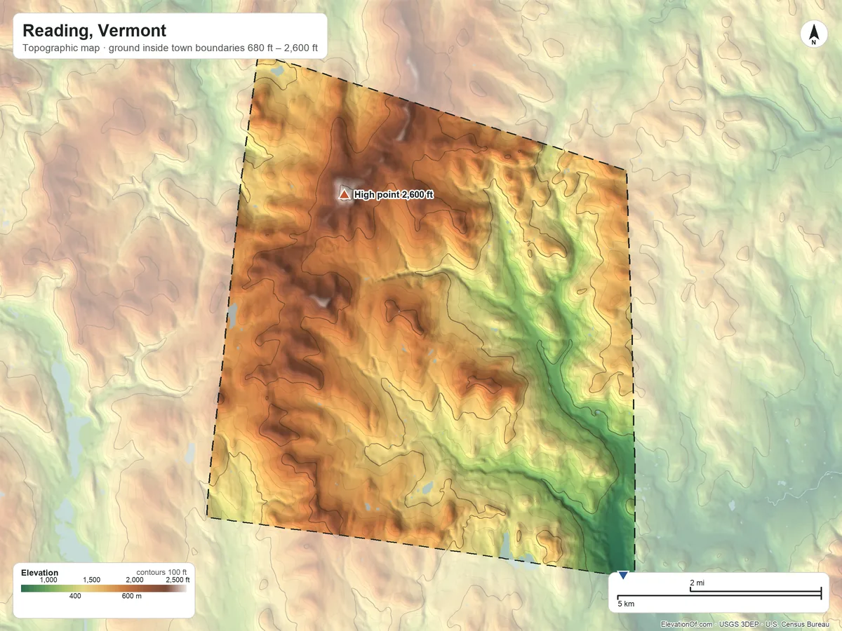 Topographic elevation map of Reading, Vermont, shaded from 680 ft on the southeast side to 2,600 ft on Mount Moses