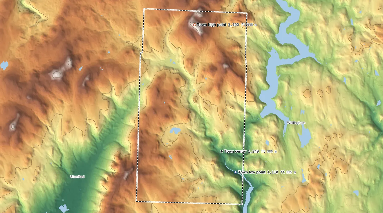 Topographic elevation map of Readsboro, Vermont, shaded from 1,110 ft on the southeast side to 3,100 ft on the north side