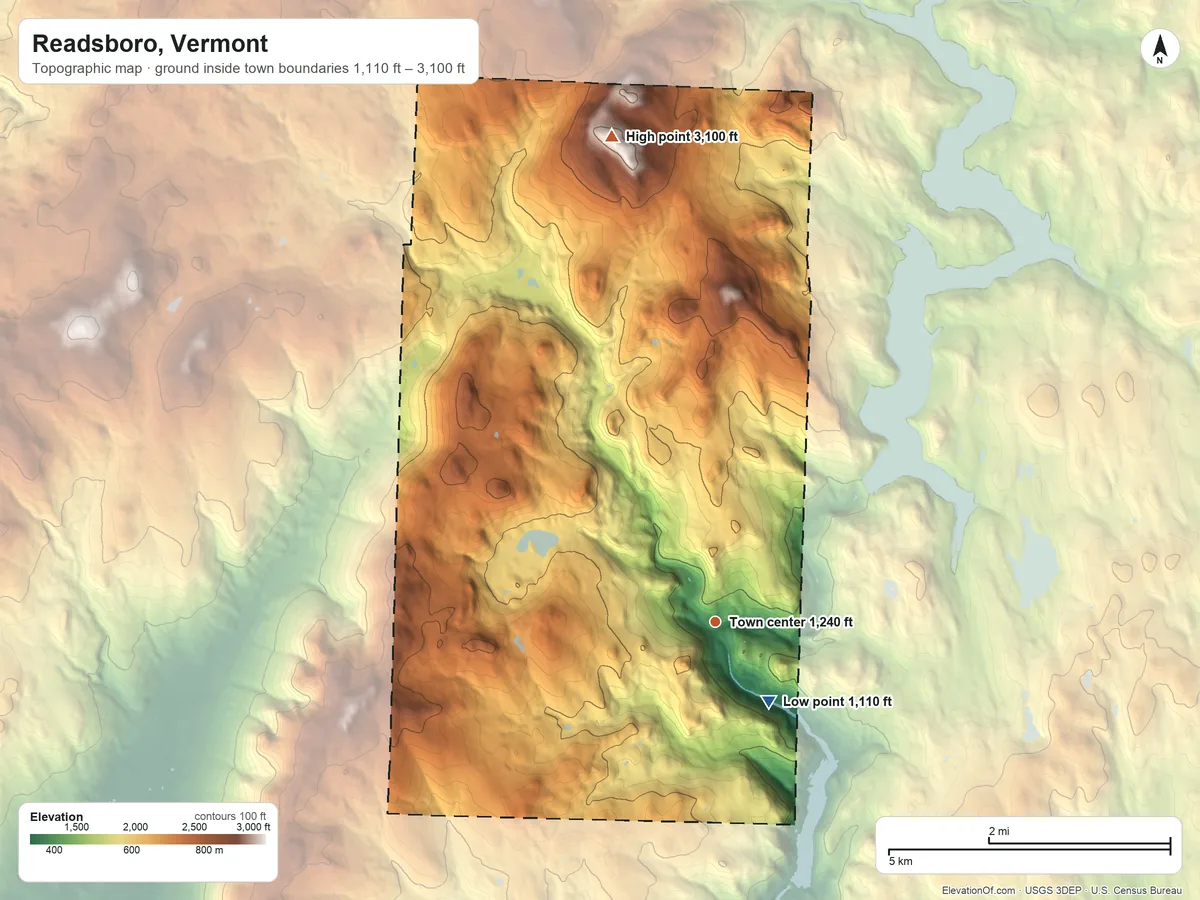 Topographic elevation map of Readsboro, Vermont, shaded from 1,110 ft on the southeast side to 3,100 ft on the north side