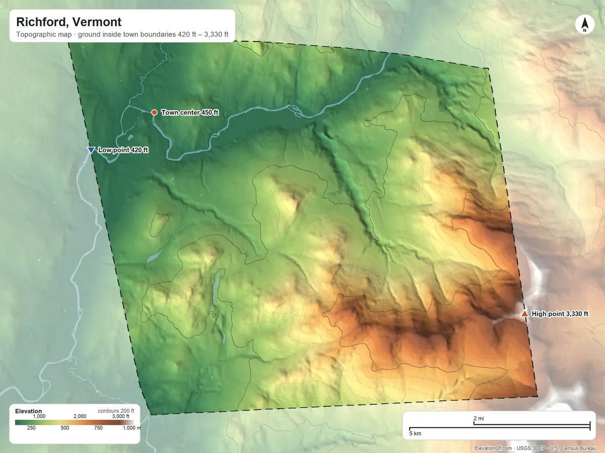 Topographic elevation map of Richford, Vermont, shaded from 420 ft on the southwest side to 3,330 ft on the southeast edge, below higher ground just outside