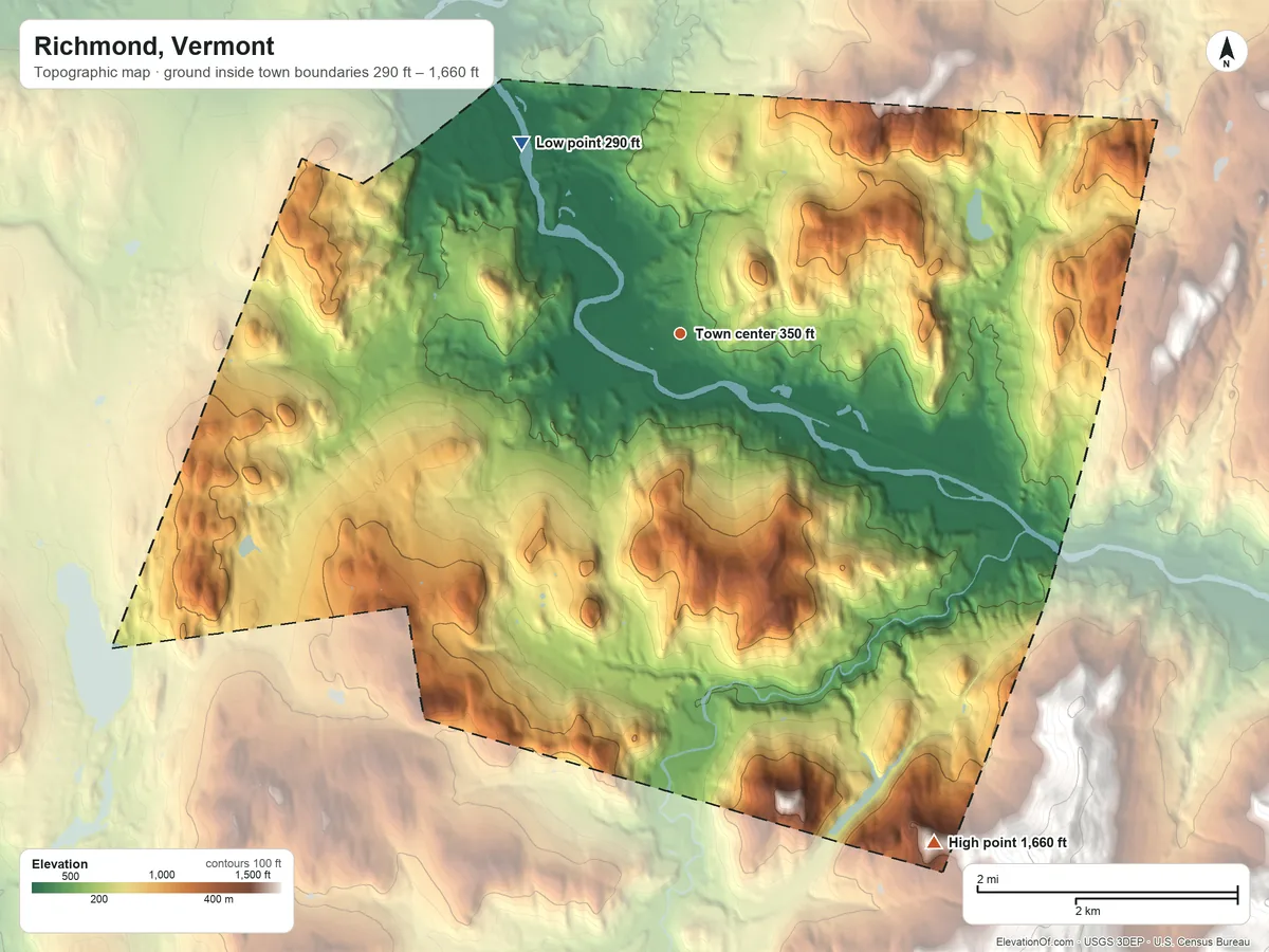 Topographic elevation map of Richmond, Vermont, shaded from 290 ft on the northwest side to 1,660 ft at the foot of the Green Mountains