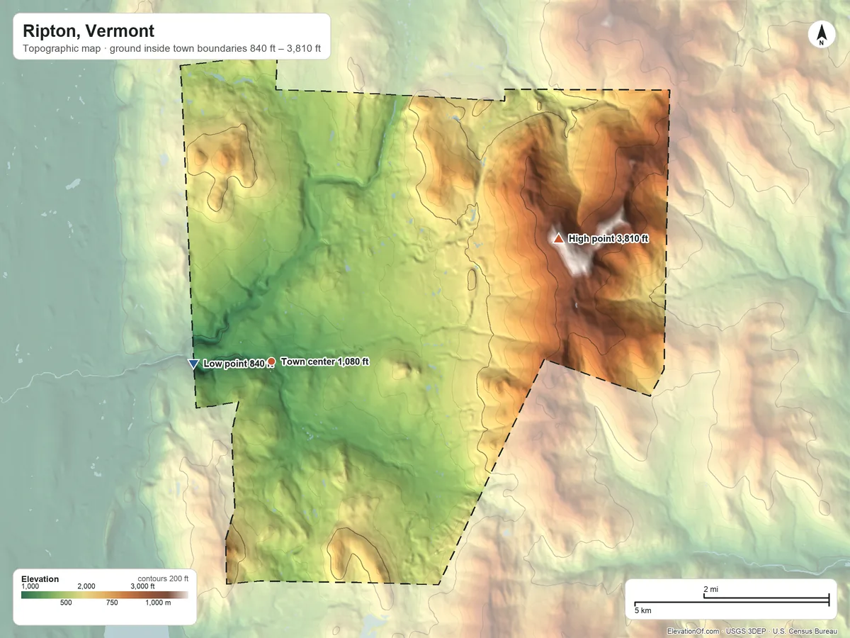 Topographic elevation map of Ripton, Vermont, shaded from 840 ft on the west side to 3,810 ft on Bread Loaf Mountain