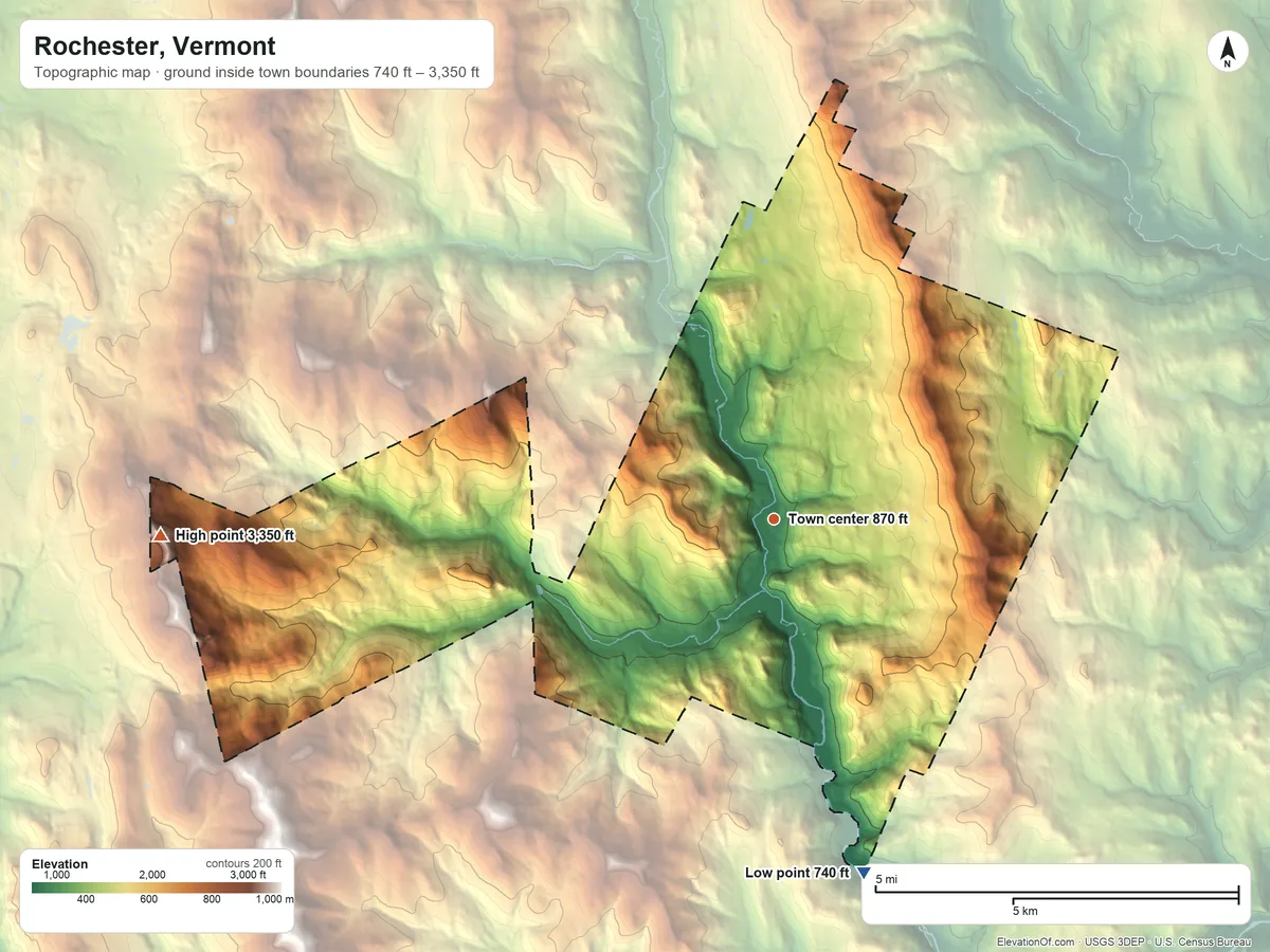 Topographic elevation map of Rochester, Vermont, shaded from 740 ft on the south side to 3,350 ft on Gillespie Peak