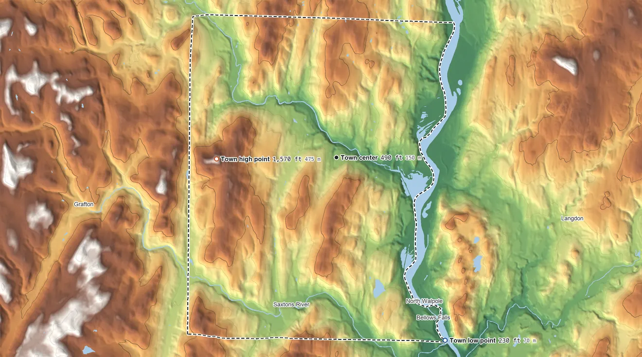 Topographic elevation map of Rockingham, Vermont, shaded from 230 ft on the southeast side to 1,570 ft on Berry Hill