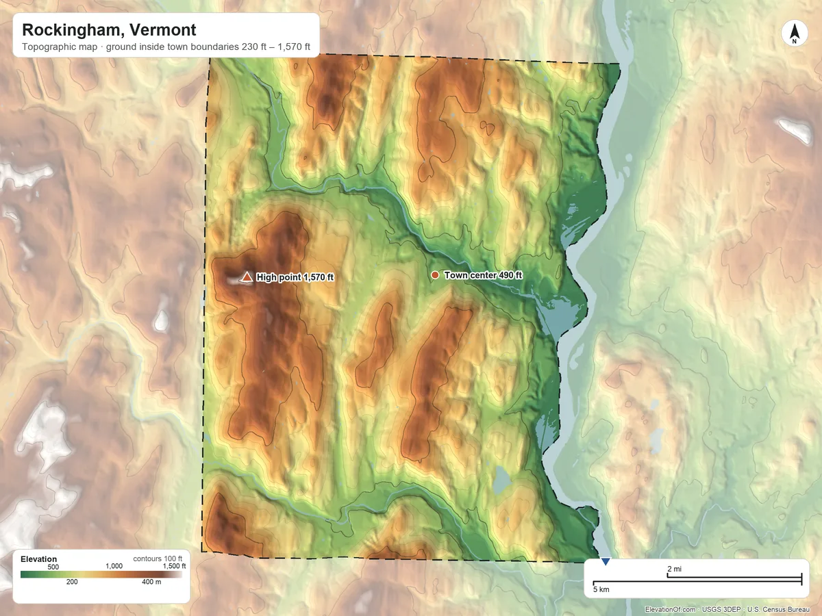 Topographic elevation map of Rockingham, Vermont, shaded from 230 ft on the southeast side to 1,570 ft on Berry Hill
