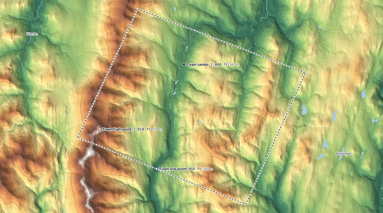 Topographic elevation map of Roxbury, Vermont, shaded from 860 ft on the south side to 3,050 ft on Rice Mountain
