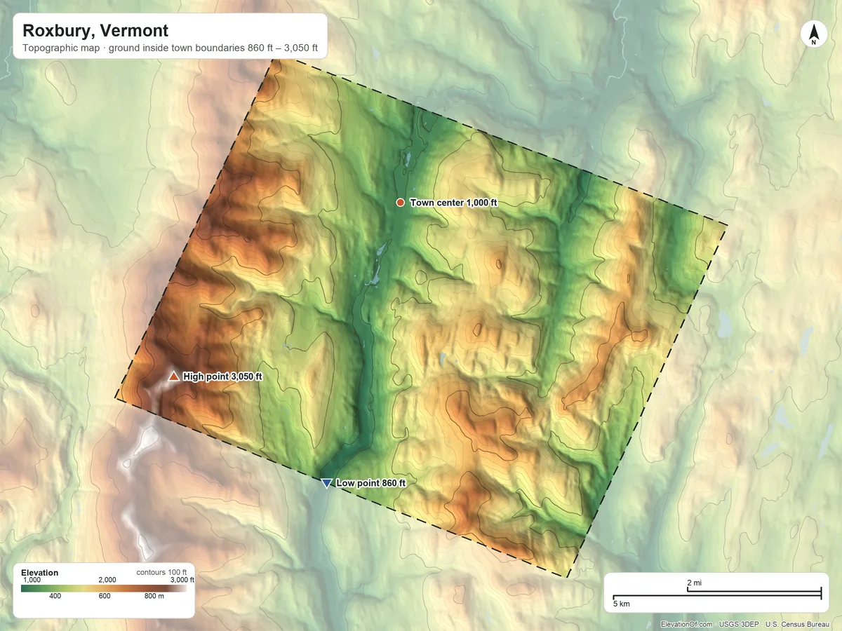 Topographic elevation map of Roxbury, Vermont, shaded from 860 ft on the south side to 3,050 ft on Rice Mountain