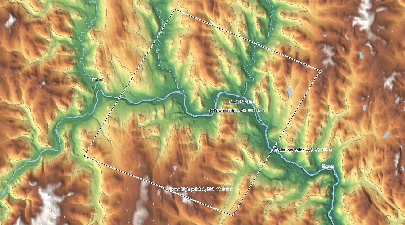 Topographic elevation map of Royalton, Vermont, shaded from 440 ft on the southeast side to 1,780 ft on the southwest side