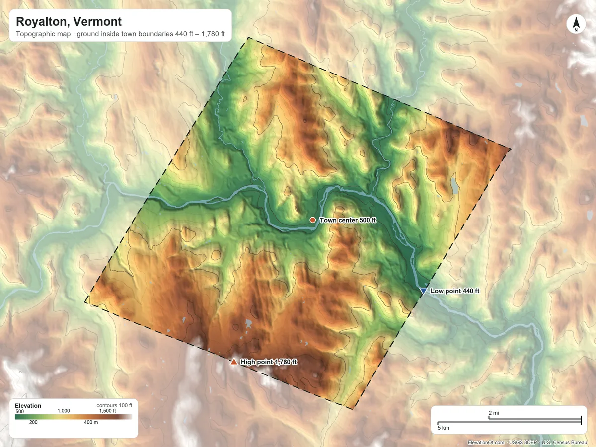 Topographic elevation map of Royalton, Vermont, shaded from 440 ft on the southeast side to 1,780 ft on the southwest side