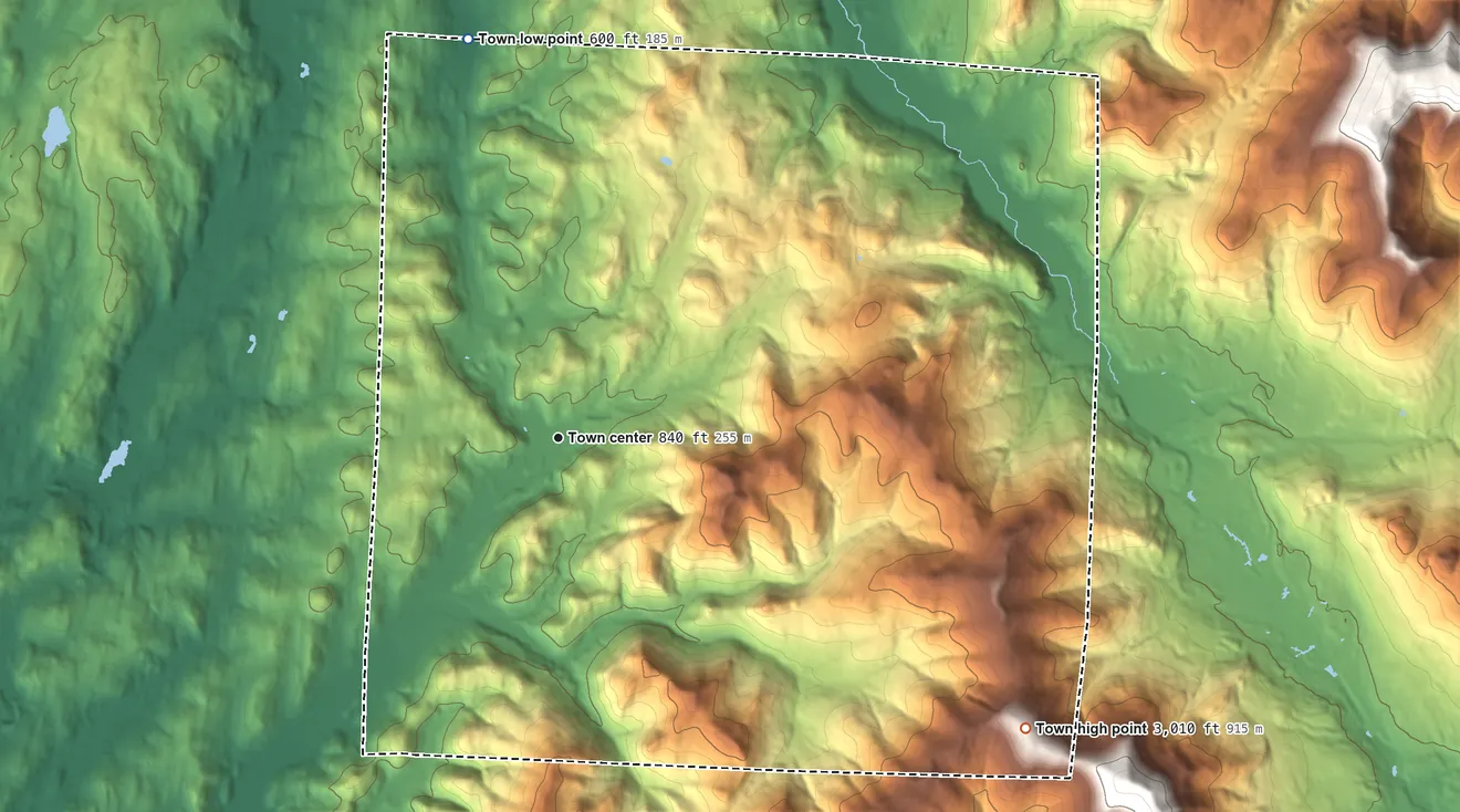 Topographic elevation map of Rupert, Vermont, shaded from 600 ft on the north side to 3,010 ft on the southeast edge, below higher ground just outside