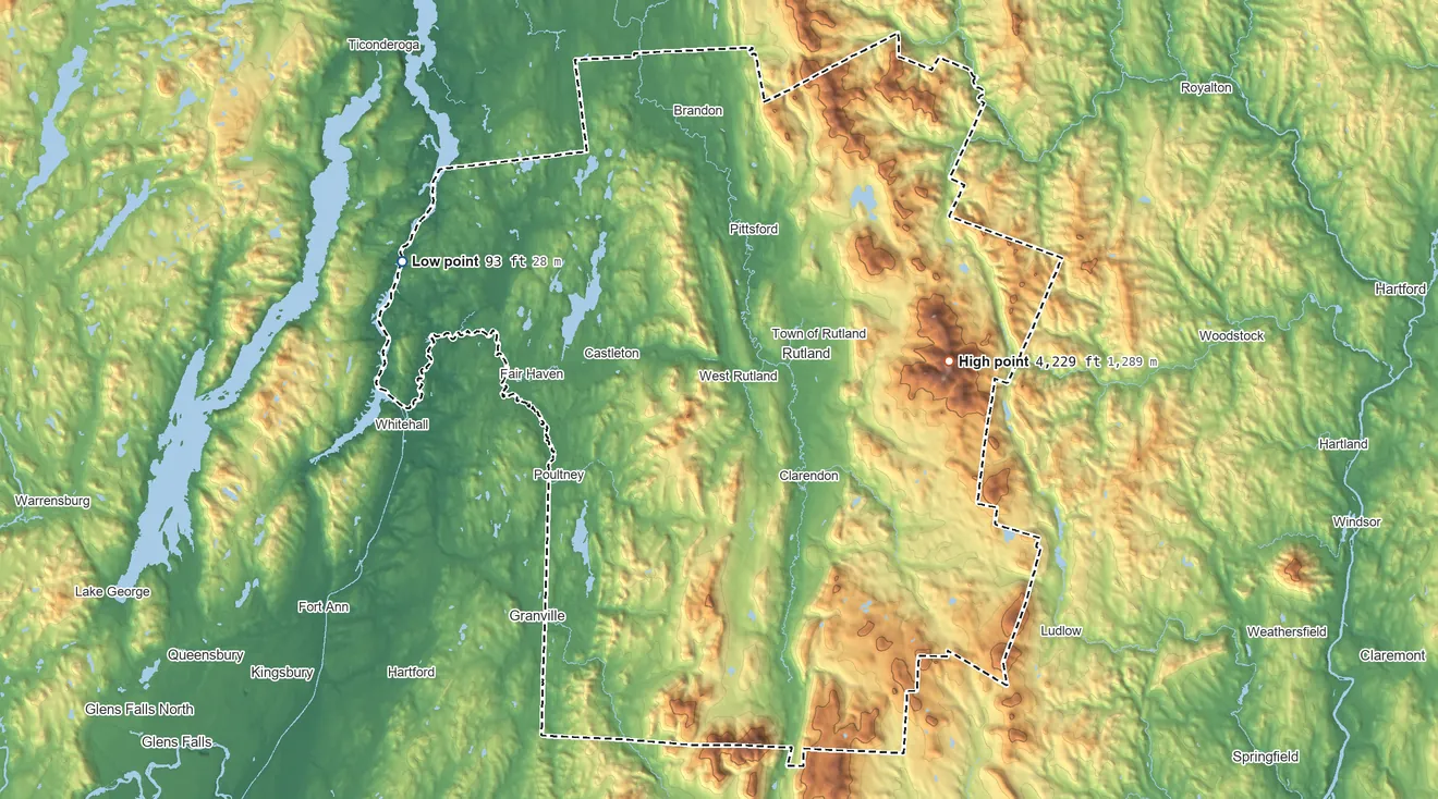Topographic elevation map of Rutland County, Vermont, shaded from 93 ft on the northwest side to 4,229 ft on Killington Peak