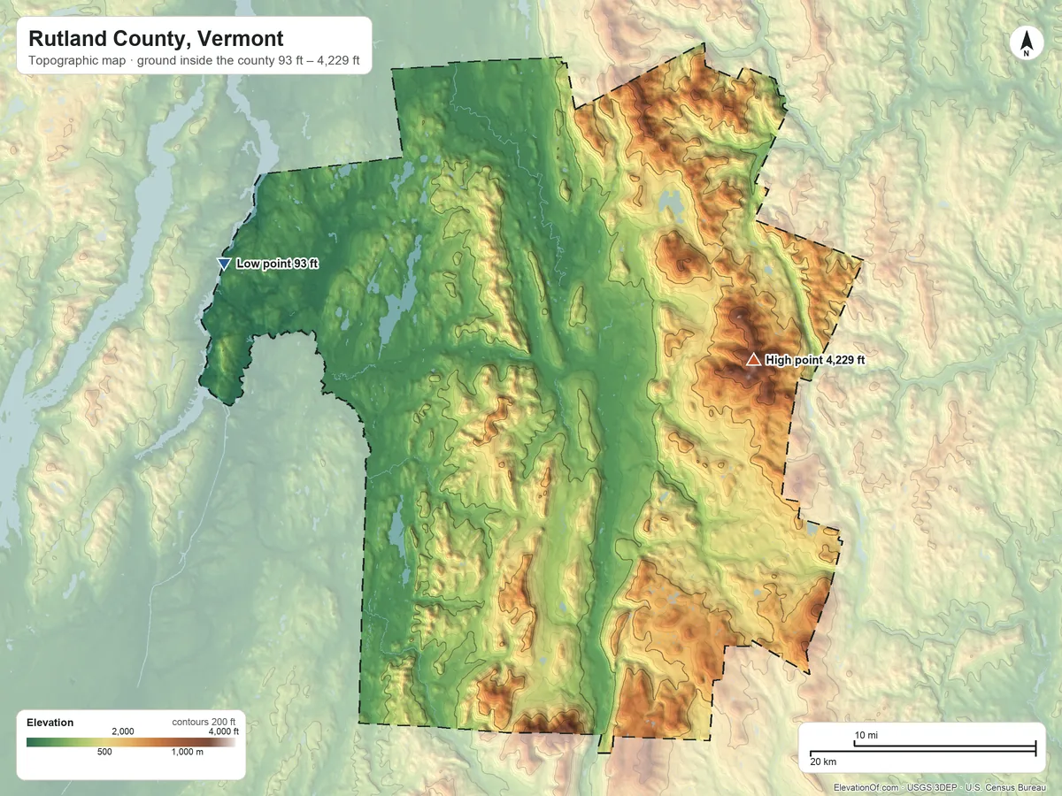 Topographic elevation map of Rutland County, Vermont, shaded from 93 ft on the northwest side to 4,229 ft on Killington Peak