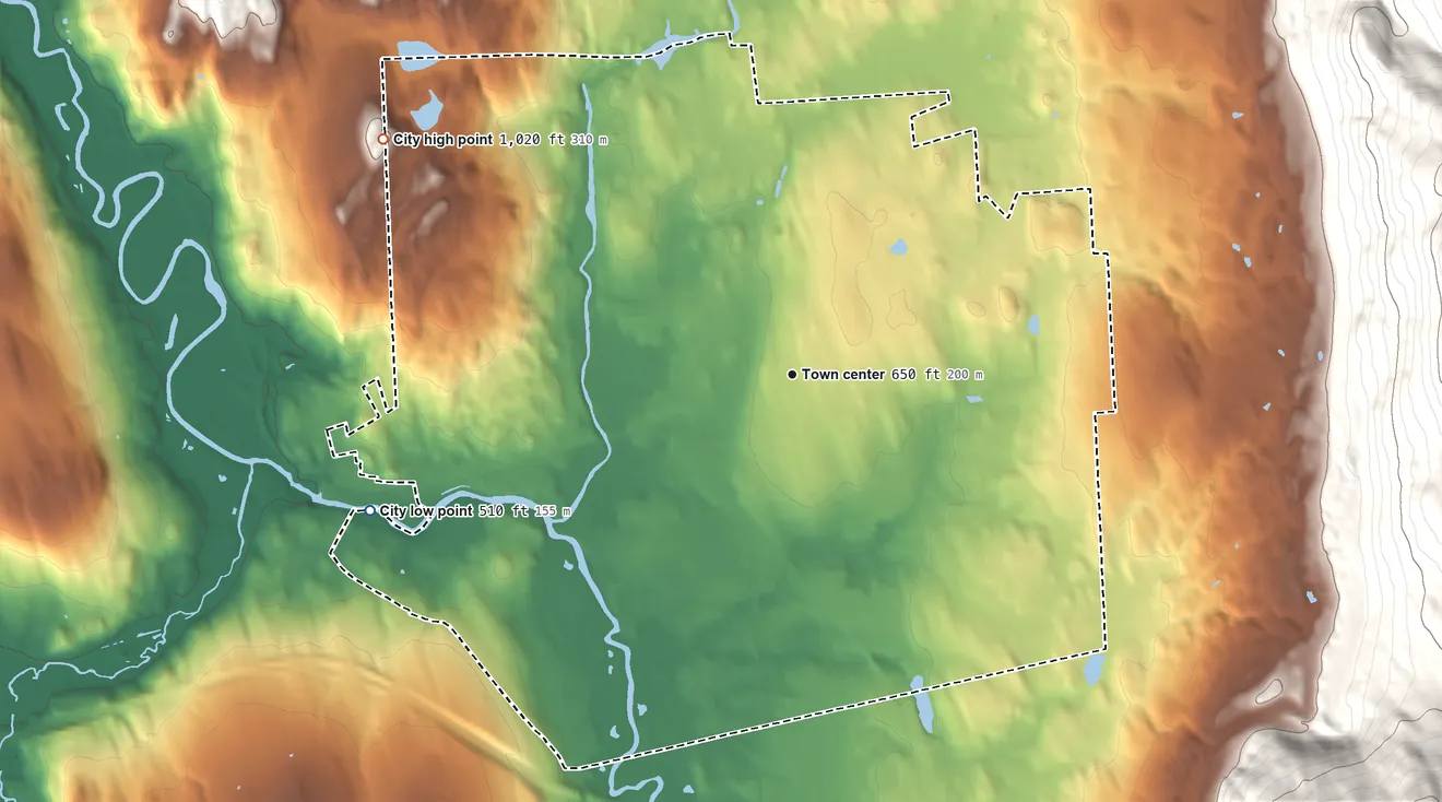 Topographic elevation map of Rutland, Vermont, shaded from 510 ft on the west side to 1,020 ft at the foot of the Coolidge Range