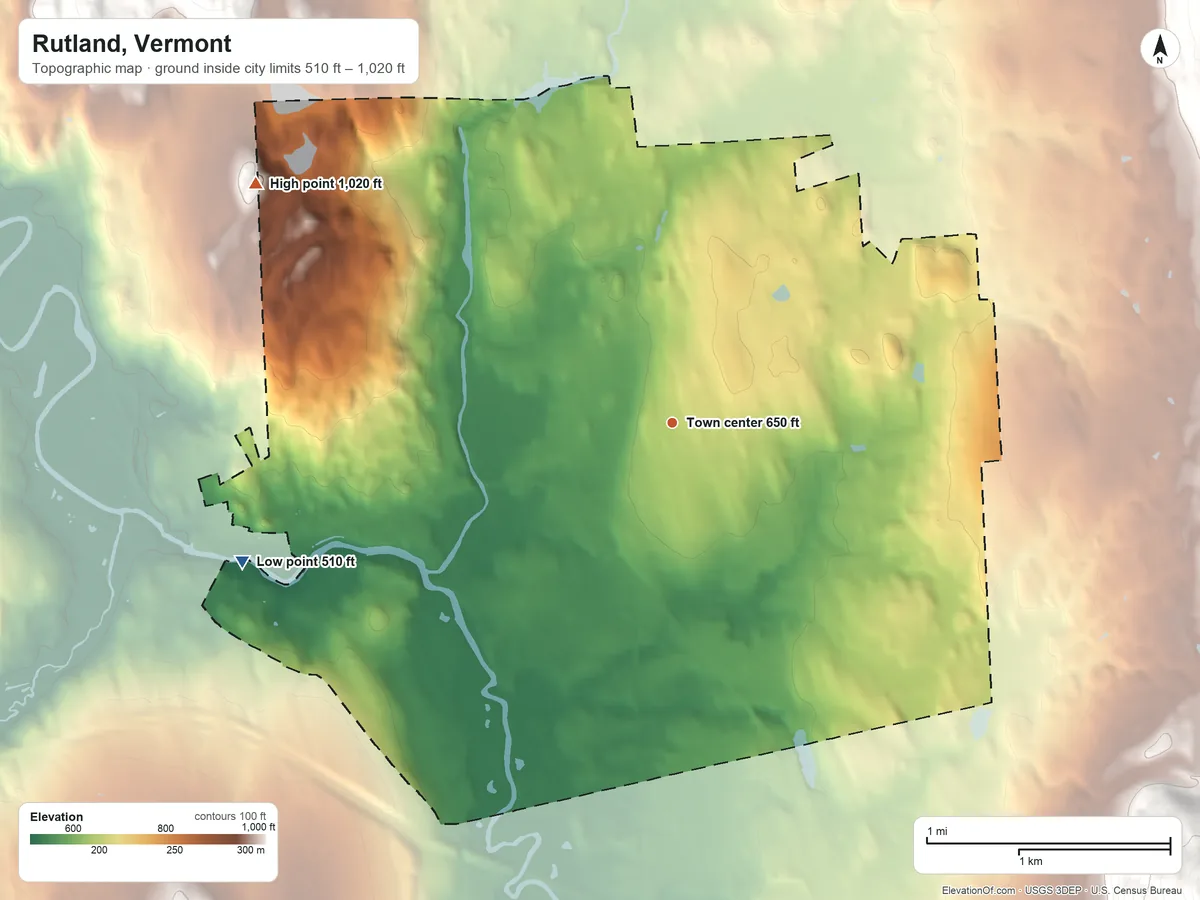 Topographic elevation map of Rutland, Vermont, shaded from 510 ft on the west side to 1,020 ft at the foot of the Coolidge Range