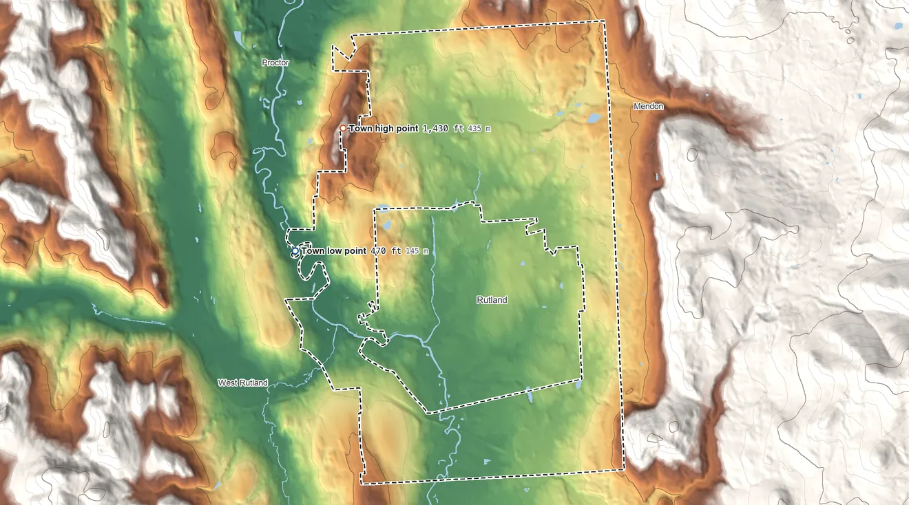 Topographic elevation map of Town of Rutland, Vermont, shaded from 470 ft on the west side to 1,430 ft on Pine Hill