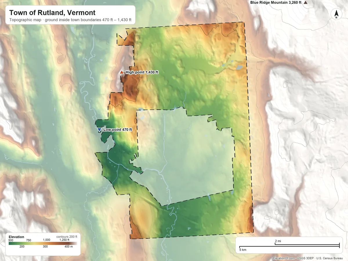 Topographic elevation map of Town of Rutland, Vermont, shaded from 470 ft on the west side to 1,430 ft on Pine Hill