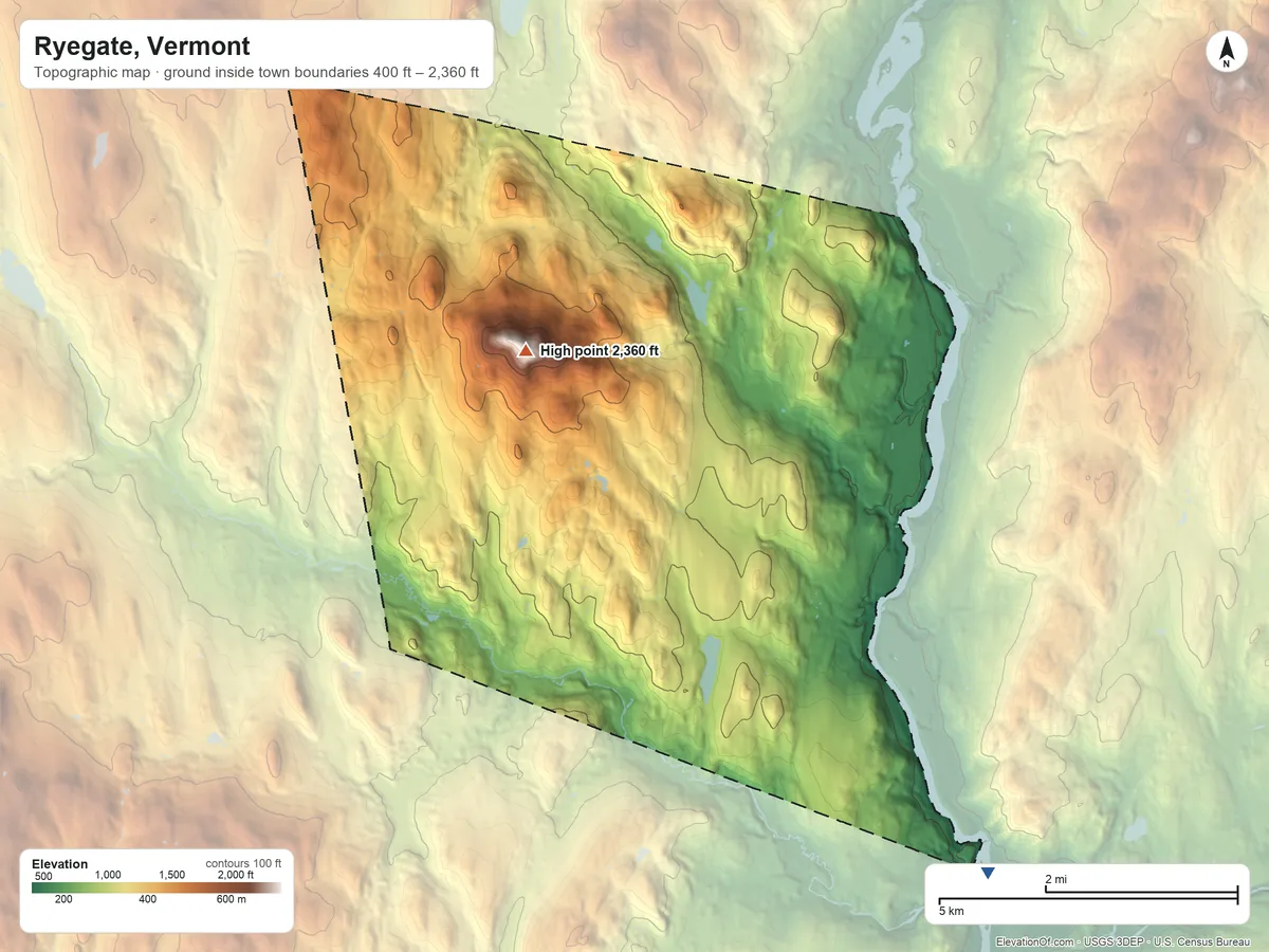 Topographic elevation map of Ryegate, Vermont, shaded from 400 ft on the southeast side to 2,360 ft on Blue Mountain