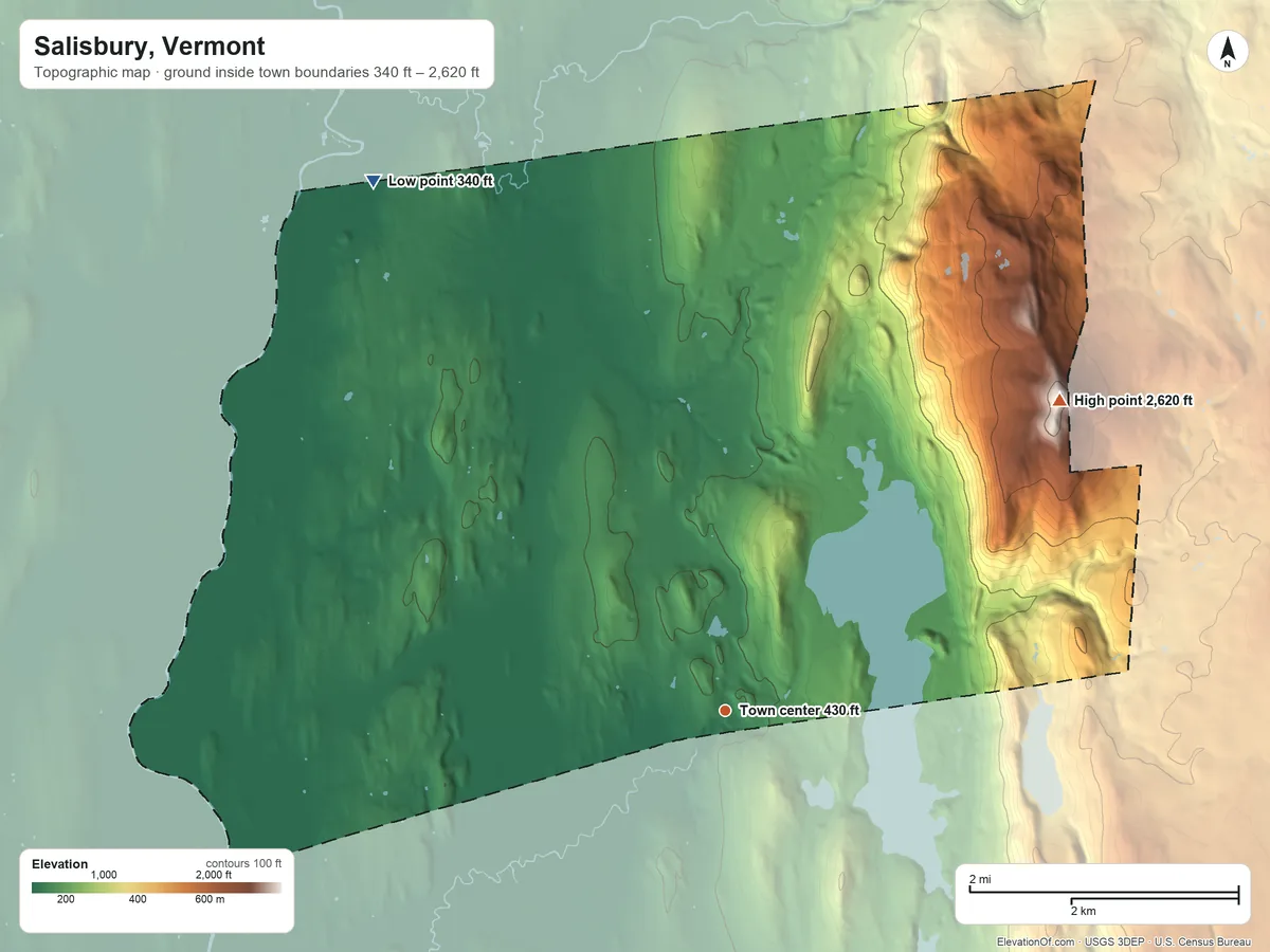 Topographic elevation map of Salisbury, Vermont, shaded from 340 ft on the northwest side to 2,620 ft on Mount Moosalamoo