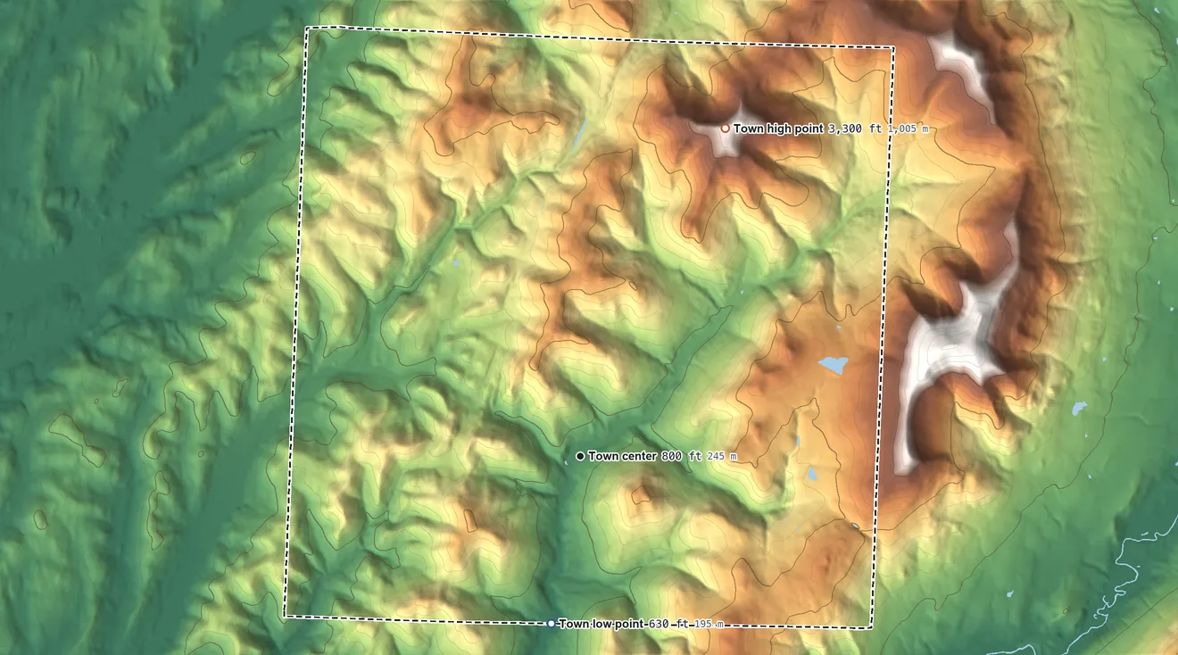 Topographic elevation map of Sandgate, Vermont, shaded from 630 ft on the south side to 3,300 ft on Bear Mountain