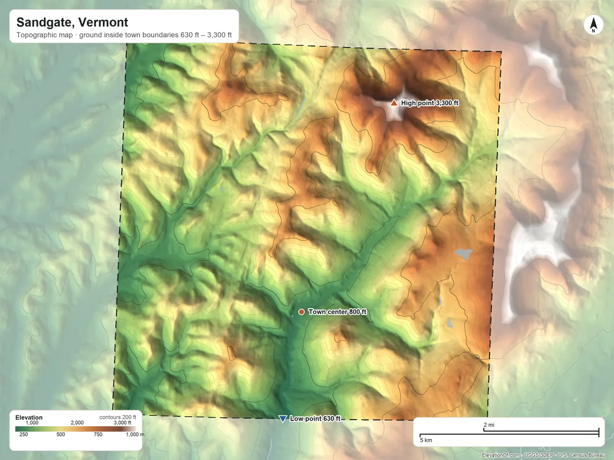 Topographic elevation map of Sandgate, Vermont, shaded from 630 ft on the south side to 3,300 ft on Bear Mountain