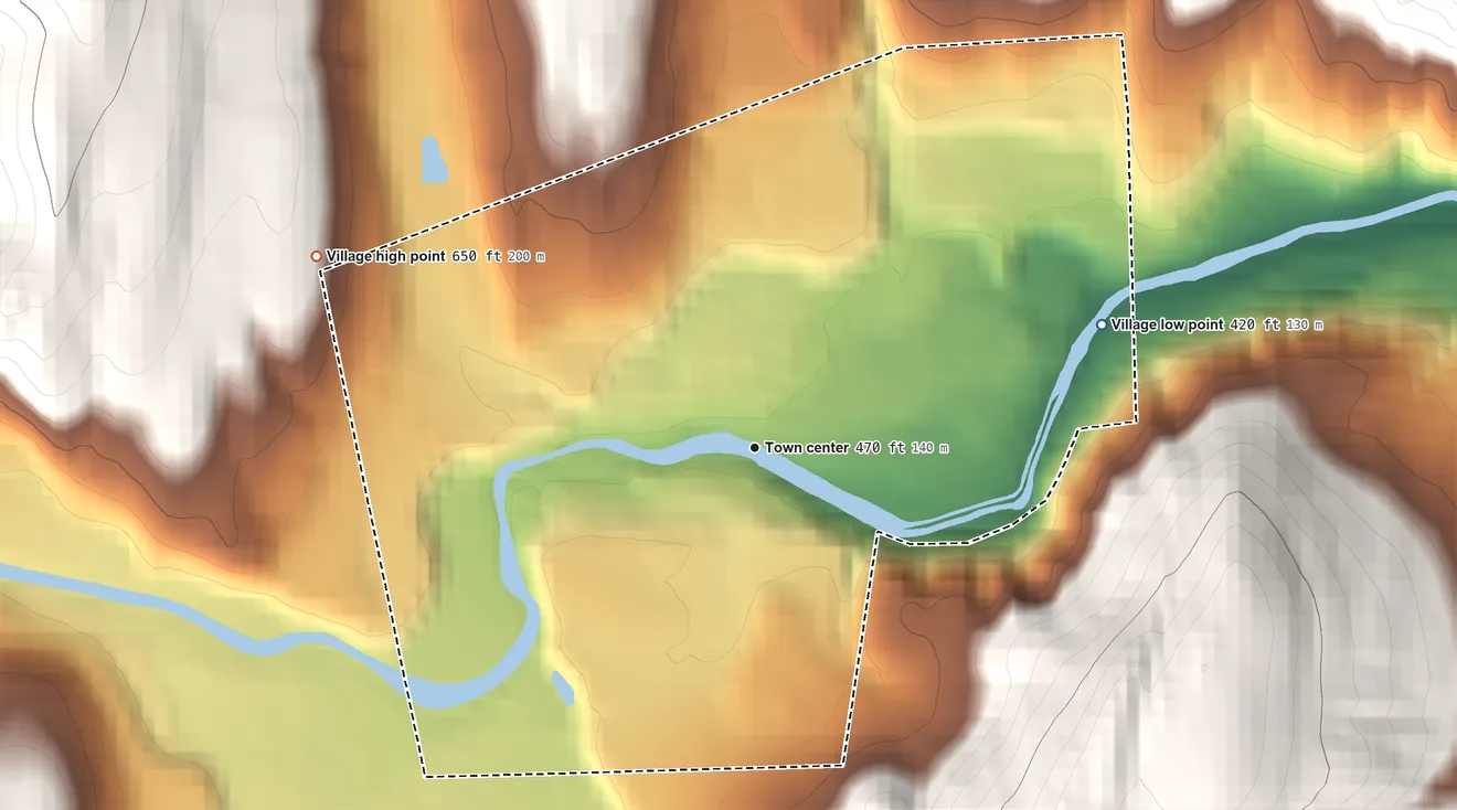 Topographic elevation map of Saxtons River, Vermont, shaded from 420 ft on the east side to 650 ft on the northwest edge, below higher ground just outside