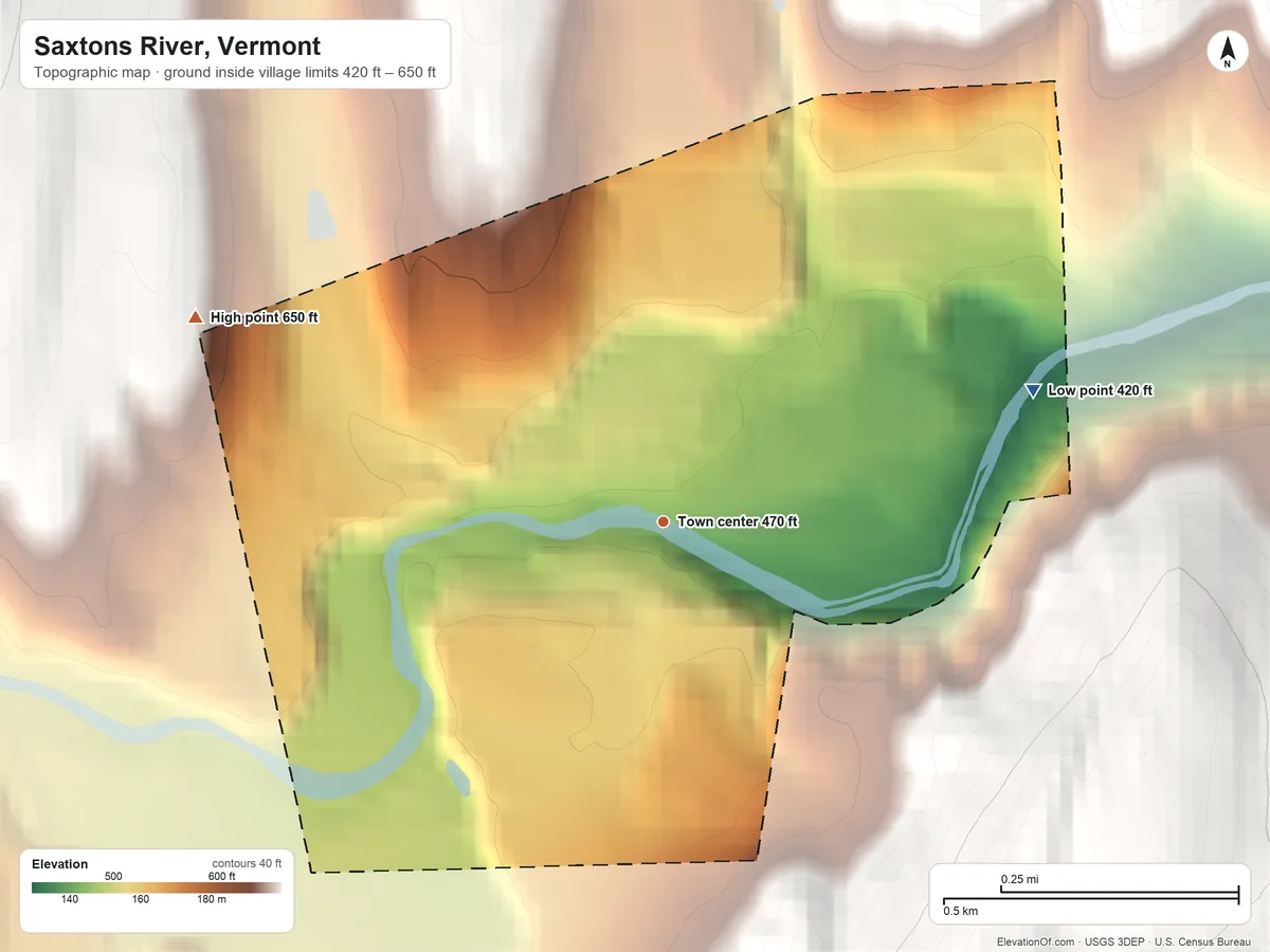 Topographic elevation map of Saxtons River, Vermont, shaded from 420 ft on the east side to 650 ft on the northwest edge, below higher ground just outside