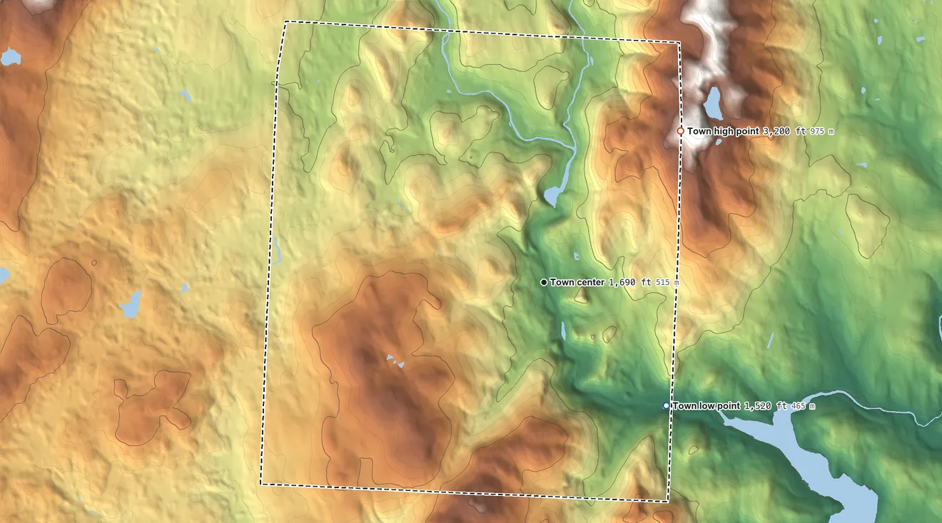 Topographic elevation map of Searsburg, Vermont, shaded from 1,520 ft on the southeast side to 3,200 ft on the northeast side