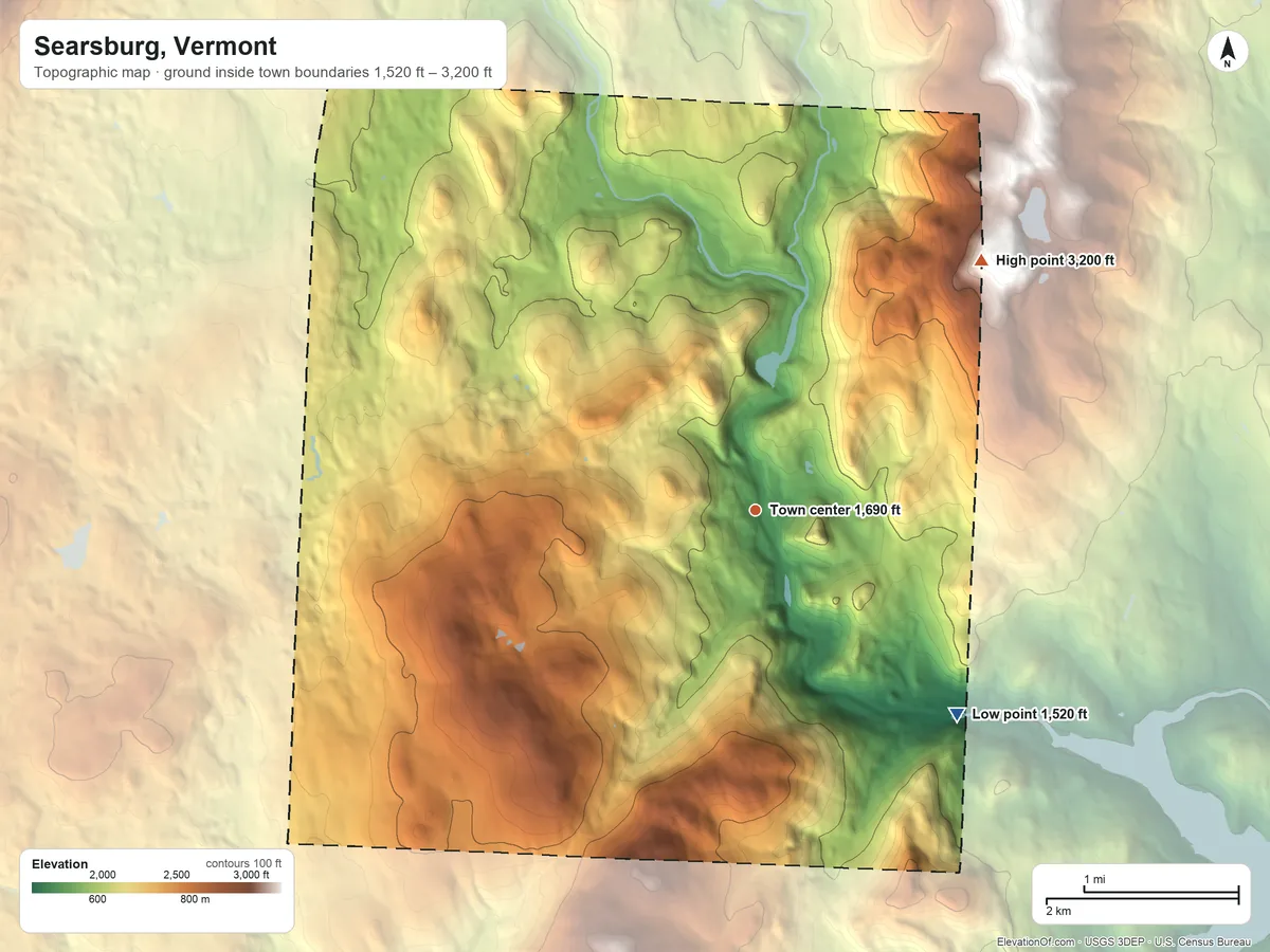 Topographic elevation map of Searsburg, Vermont, shaded from 1,520 ft on the southeast side to 3,200 ft on the northeast side