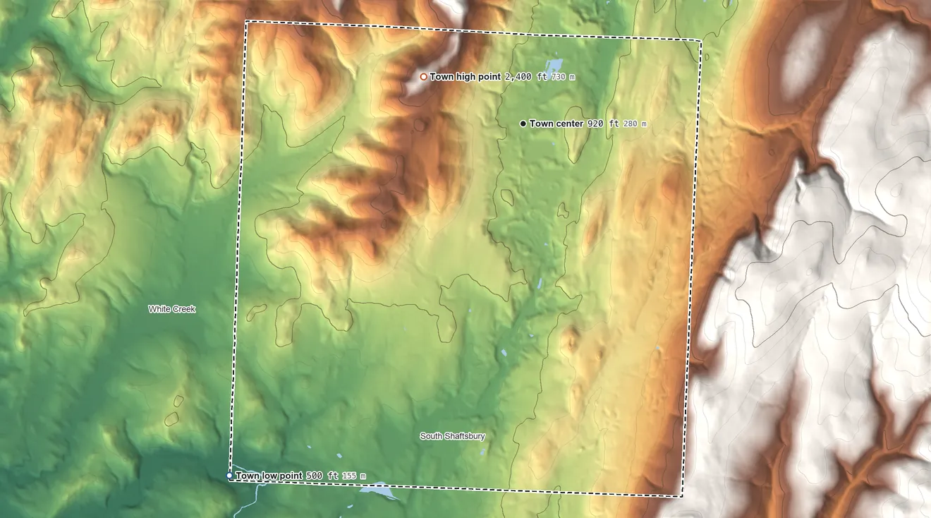 Topographic elevation map of Shaftsbury, Vermont, shaded from 500 ft on the southwest side to 2,400 ft on West Mountain