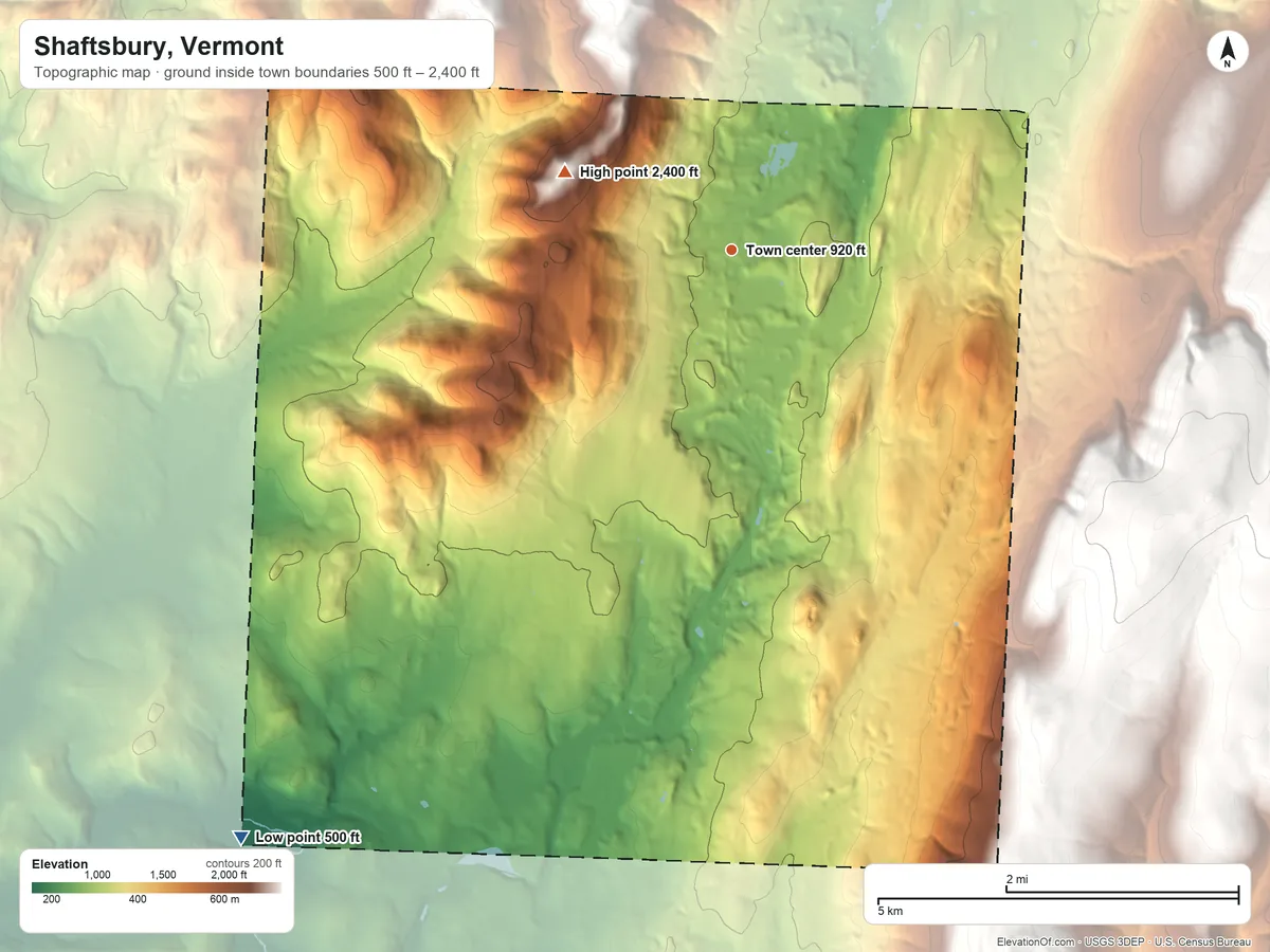 Topographic elevation map of Shaftsbury, Vermont, shaded from 500 ft on the southwest side to 2,400 ft on West Mountain
