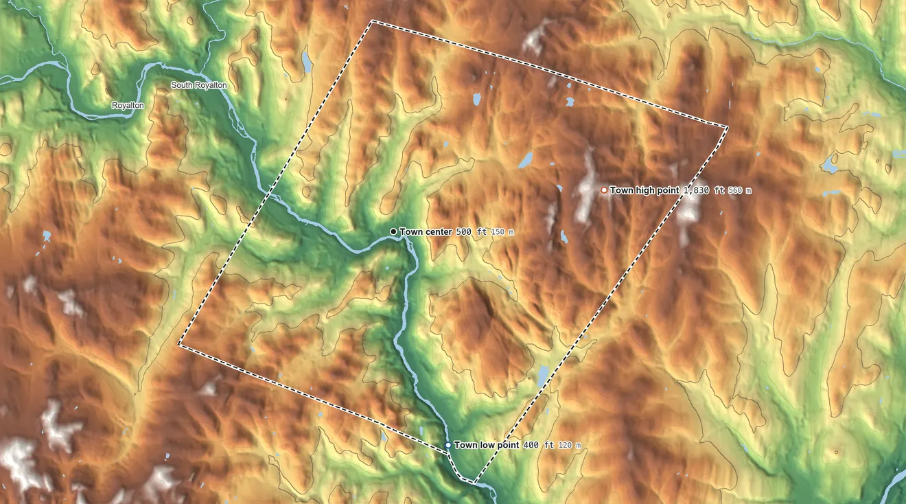 Topographic elevation map of Sharon, Vermont, shaded from 400 ft on the south side to 1,830 ft on the east side