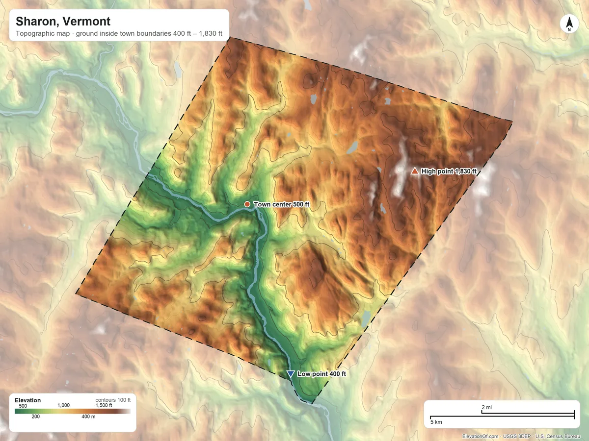 Topographic elevation map of Sharon, Vermont, shaded from 400 ft on the south side to 1,830 ft on the east side