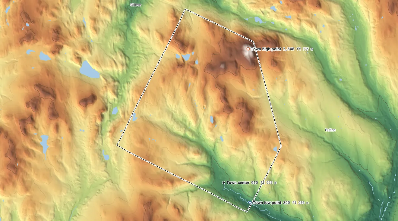 Topographic elevation map of Sheffield, Vermont, shaded from 820 ft on the southeast side to 2,540 ft on the north side