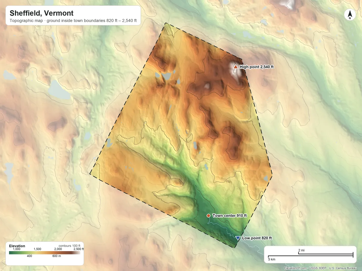 Topographic elevation map of Sheffield, Vermont, shaded from 820 ft on the southeast side to 2,540 ft on the north side