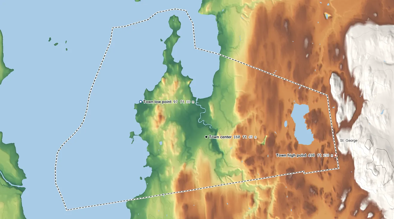 Topographic elevation map of Shelburne, Vermont, shaded from 97 ft on the northwest side to 490 ft on the east edge, below higher ground just outside