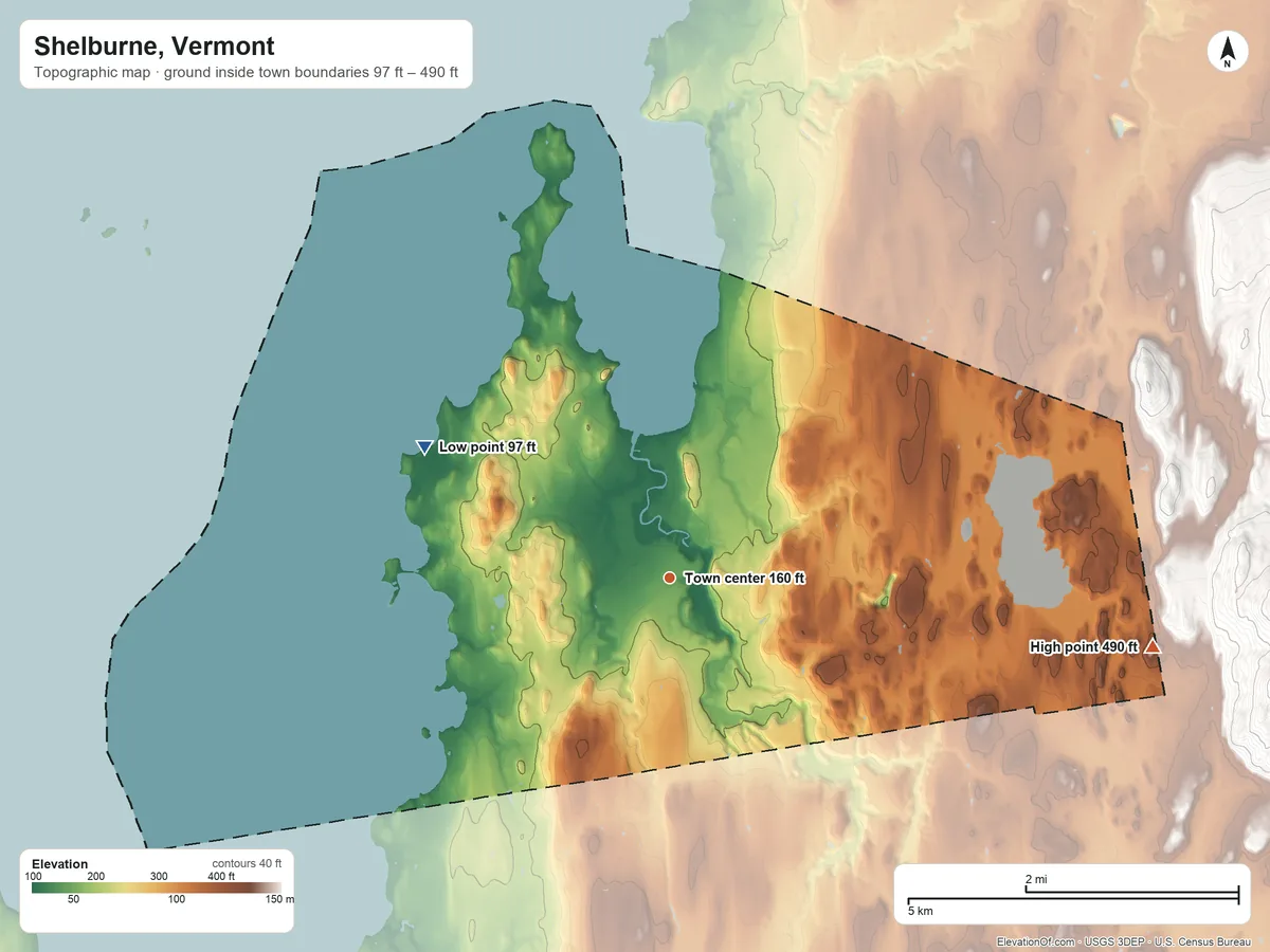 Topographic elevation map of Shelburne, Vermont, shaded from 97 ft on the northwest side to 490 ft on the east edge, below higher ground just outside