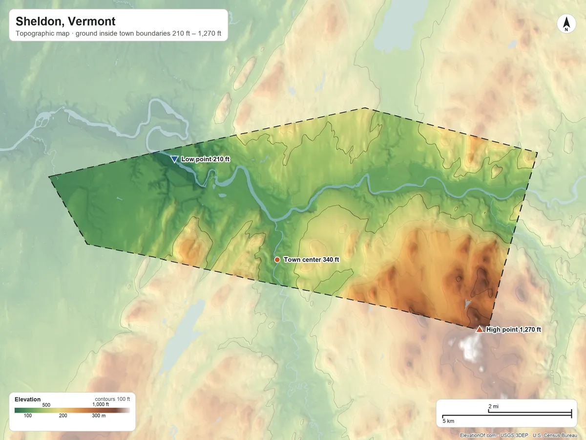 Topographic elevation map of Sheldon, Vermont, shaded from 210 ft on the northwest side to 1,270 ft on the east side