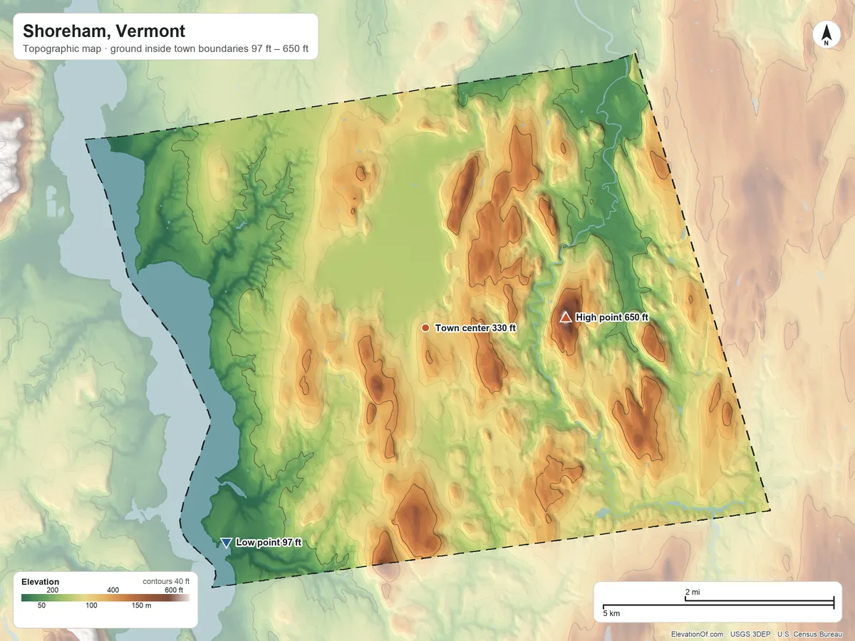 Topographic elevation map of Shoreham, Vermont, shaded from 97 ft on the southwest side to 650 ft on the east side