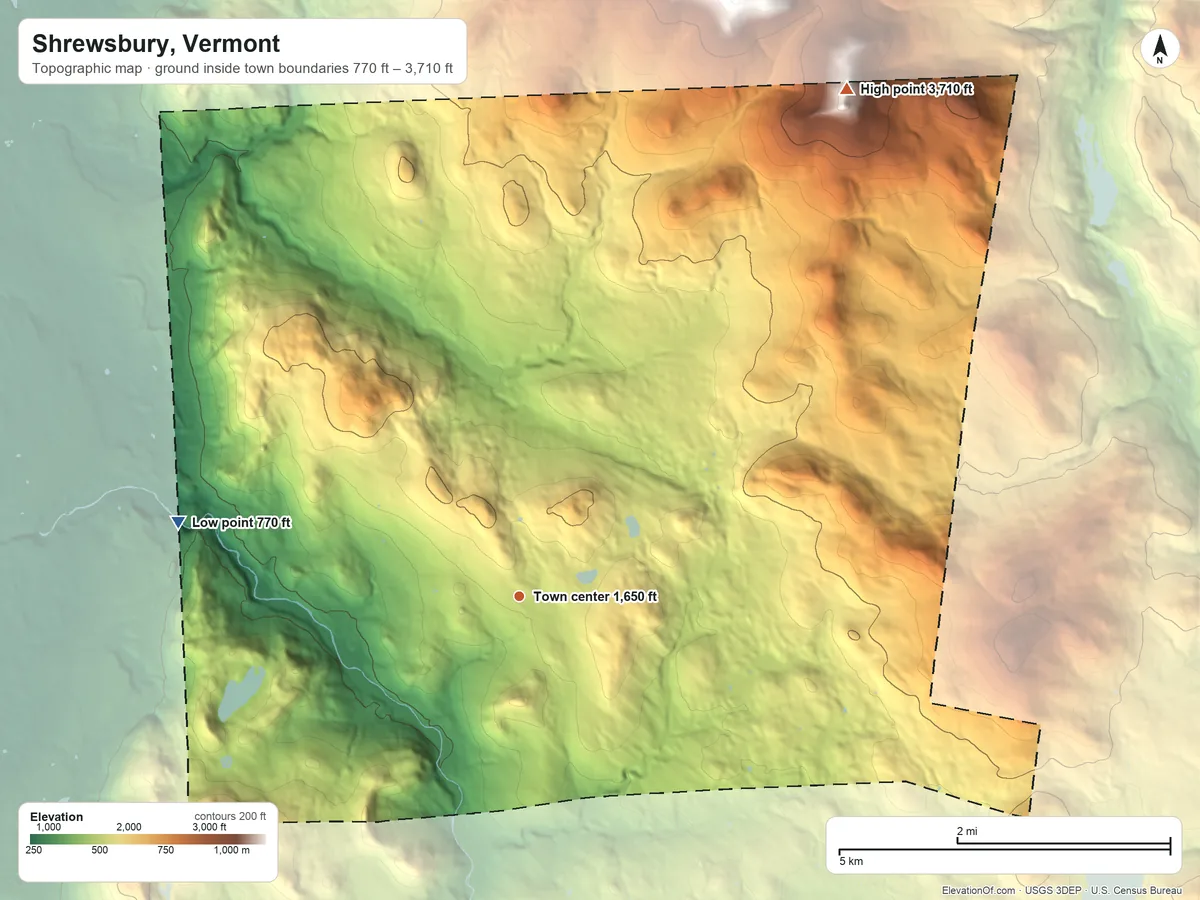 Topographic elevation map of Shrewsbury, Vermont, shaded from 770 ft on the west side to 3,710 ft on Shrewsbury Peak