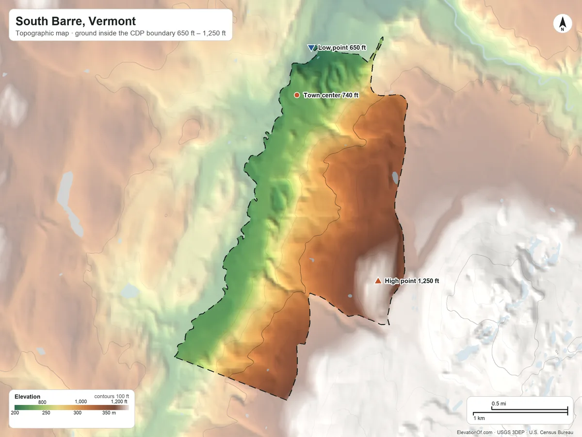 Topographic elevation map of South Barre, Vermont, shaded from 650 ft on the north side to 1,250 ft on the southeast edge, below higher ground just outside