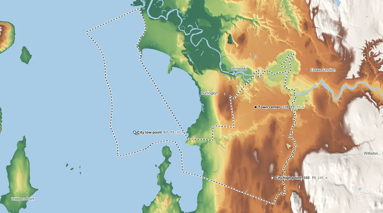 Topographic elevation map of South Burlington, Vermont, shaded from 97 ft on the west side to 480 ft on the south edge, below higher ground just outside