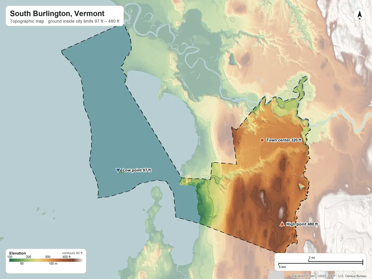 Topographic elevation map of South Burlington, Vermont, shaded from 97 ft on the west side to 480 ft on the south edge, below higher ground just outside