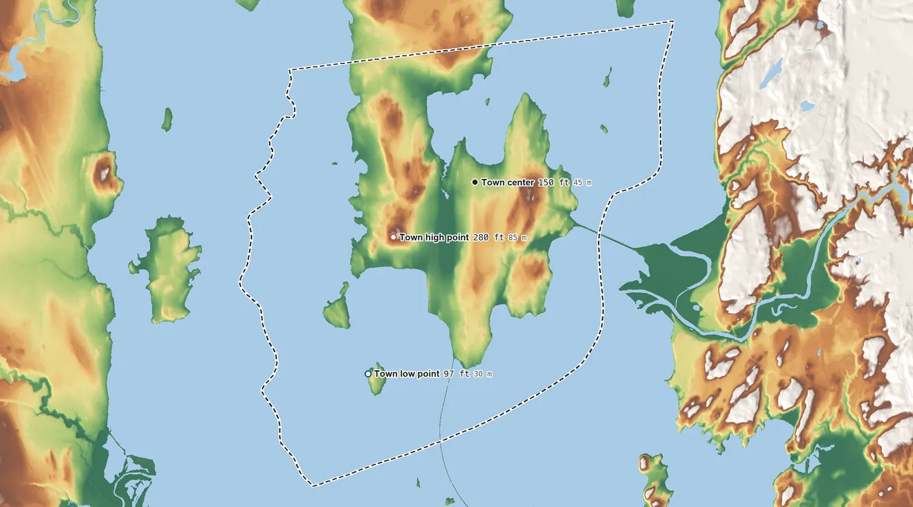 Topographic elevation map of South Hero, Vermont, shaded from 97 ft on the southwest side to 280 ft on the southwest side