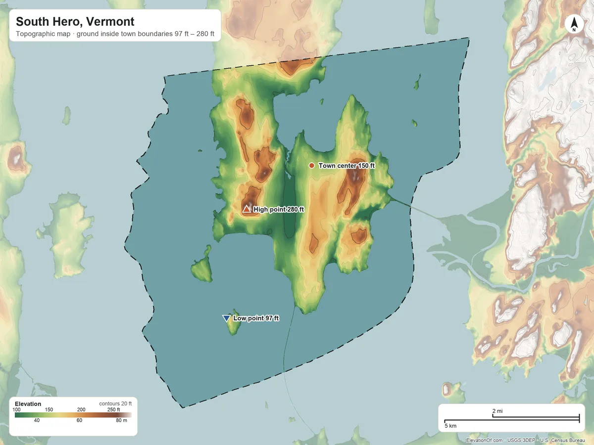 Topographic elevation map of South Hero, Vermont, shaded from 97 ft on the southwest side to 280 ft on the southwest side