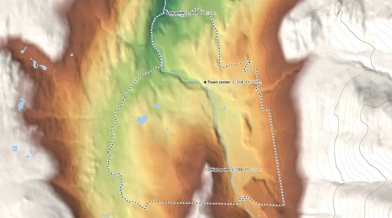 Topographic elevation map of South Lincoln, Vermont, shaded from 1,090 ft on the northwest side to 1,700 ft at the foot of the Northfield Mountains
