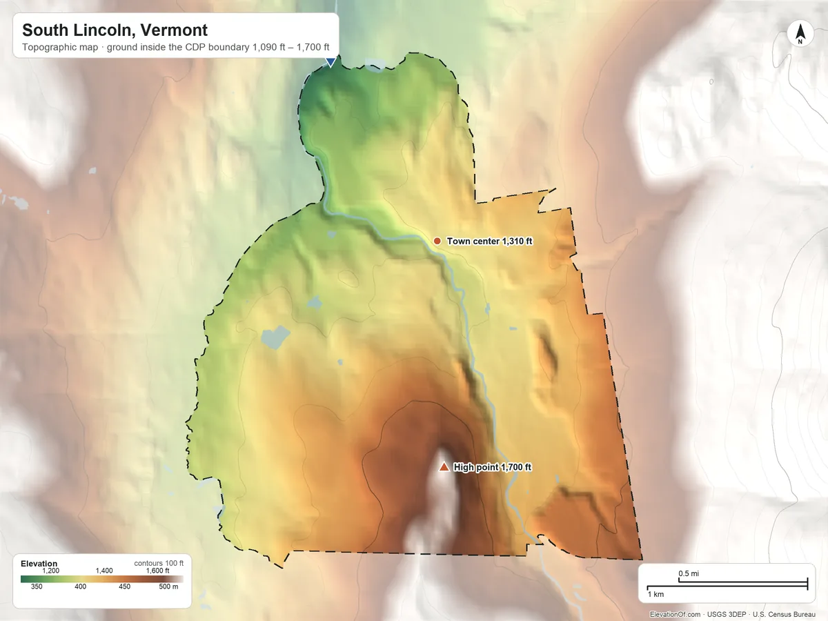 Topographic elevation map of South Lincoln, Vermont, shaded from 1,090 ft on the northwest side to 1,700 ft at the foot of the Northfield Mountains