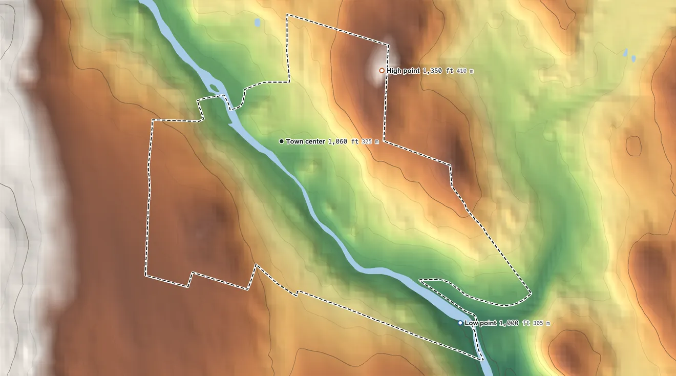 Topographic elevation map of South Londonderry, Vermont, shaded from 1,000 ft on the southeast side to 1,350 ft on the northeast edge, below higher ground just outside