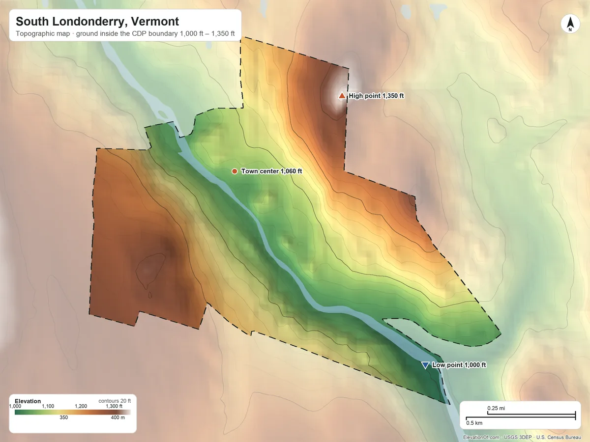 Topographic elevation map of South Londonderry, Vermont, shaded from 1,000 ft on the southeast side to 1,350 ft on the northeast edge, below higher ground just outside