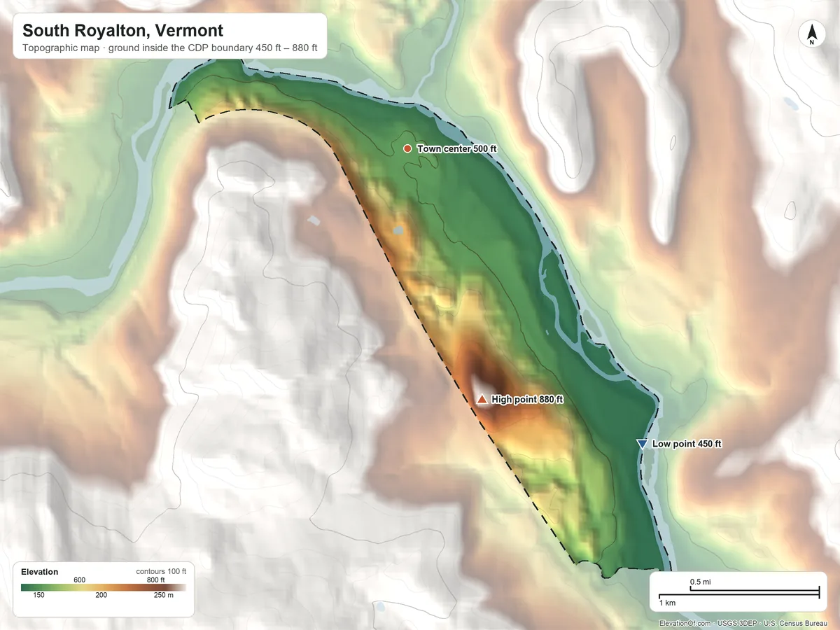 Topographic elevation map of South Royalton, Vermont, shaded from 450 ft on the southeast side to 880 ft on the south edge, below higher ground just outside